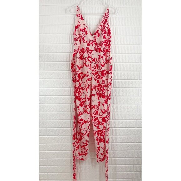 ASOS Jumpsuit Size 2 Red Floral Deep V Neck Summer Attached Belt - Picture 3 of 11